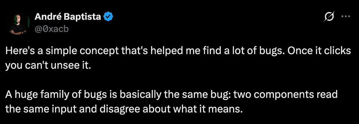 @0xacb tweet on Two components read the same input and reach different conclusions