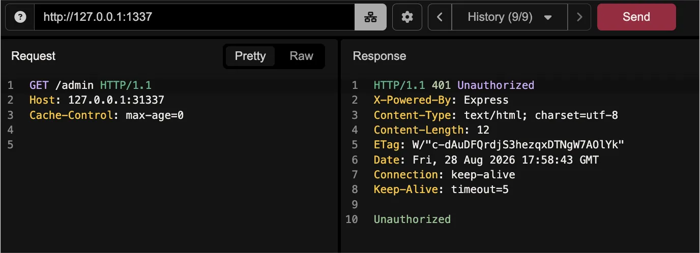 Accessing /admin directly returns a 401 Unauthorized — the Express middleware is doing its job.