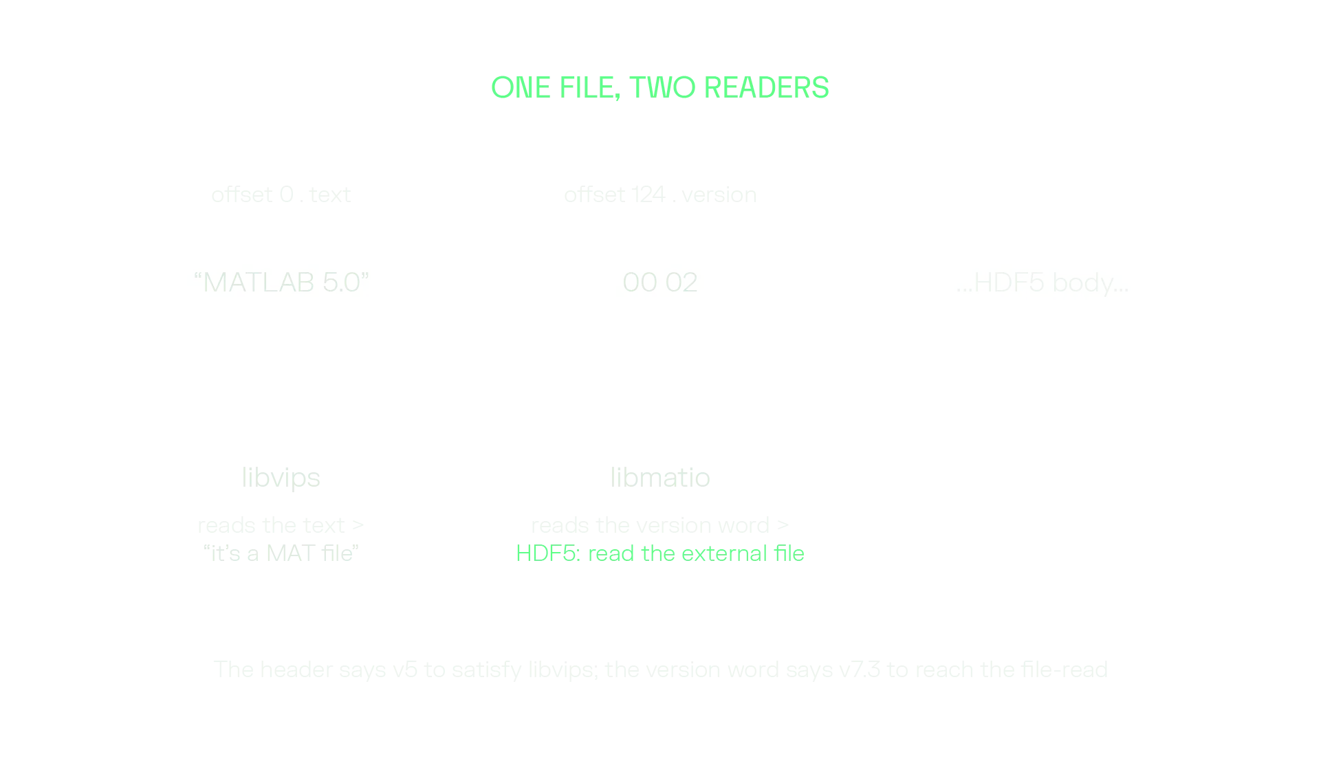 One file, two readers, one disagreement. libvips sees a MAT header and passes it through. libmatio sees an HDF5 version word and reads the external file.