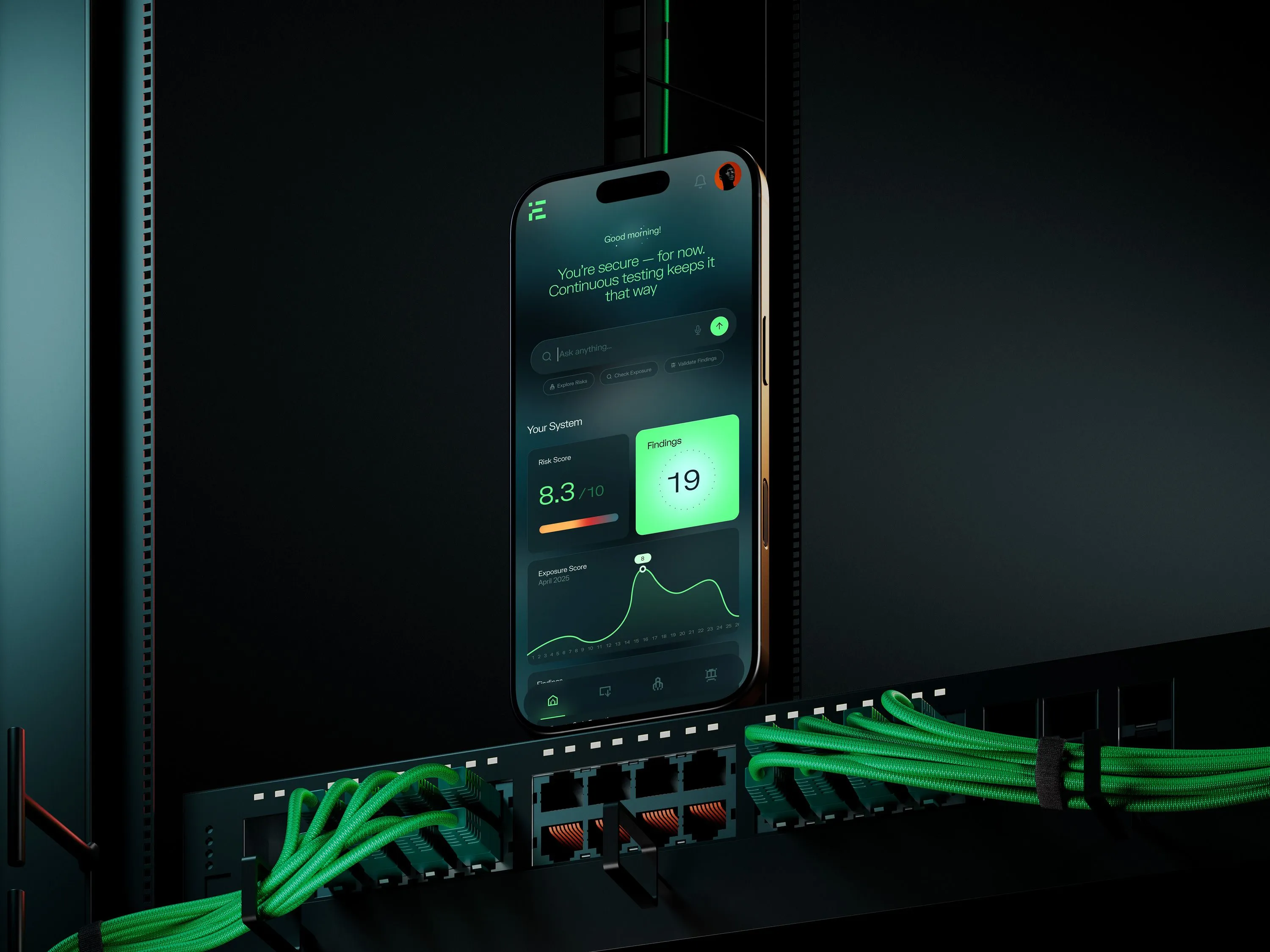 Monitor your security posture on the go. Ethiack's mobile dashboard shows your live risk score, active findings, and continuous testing status in real time. Monitor your security posture on the go. Ethiack's mobile dashboard shows your live risk score, active findings, and continuous testing status in real time.