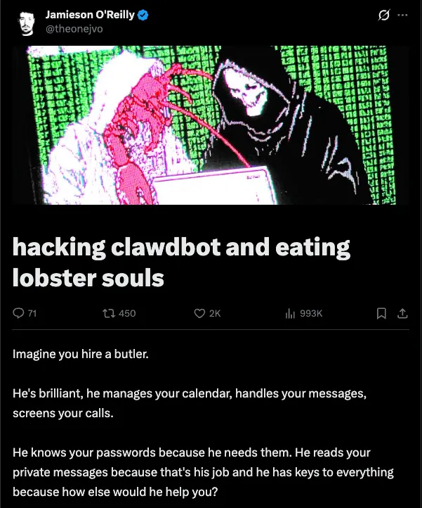 @theonejvo's article talking about Clawdbot's security issues